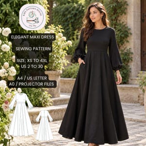 May include: A black maxi dress with long, full sleeves and a fitted waist. Text on the image reads: ELEGANT MAXI DRESS, SEWING PATTERN, SIZE; XS TO 4XL, US 2 TO 30, A4 / US LETTER, A0 / PROJECTOR FILES. Includes a line drawing of the dress design.