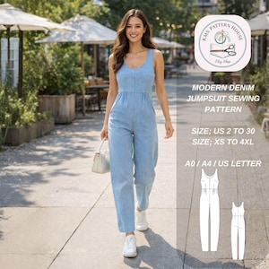 Op de afbeelding: Een lichtblauwe denim jumpsuit met een ronde hals en een getailleerde taille. De jumpsuit heeft een wijd been ontwerp en wordt gedragen met witte sneakers. De afbeelding bevat ook een naaipatroon met de tekst "MODERN DENIM JUMPSUIT SEWING PATTERN".