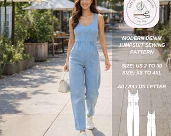 Moderner Jeans Jumpsuit Schnittmuster, ärmellose Strampler mit weitem Bein (PDF Download)