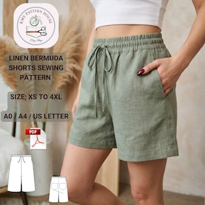 May include: Sage green linen Bermuda shorts with a drawstring waist and pockets. The image also shows a sewing pattern for the shorts, with text that reads "LINEN BERMUDA SHORTS SEWING PATTERN" and "SIZE; XS TO 4XL".