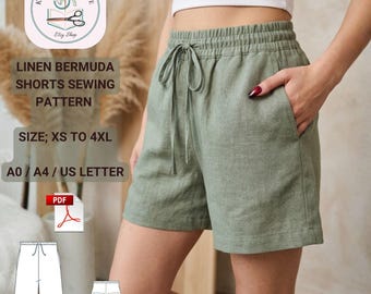Linen Bermuda Shorts Sewing Pattern, High Waist, Pockets, Sizes 2-30 (PDF Download)