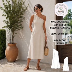 Könnte beinhalten: Ein beiges Schnittmuster für ein One-Shoulder-Midikleid. Der Text lautet: KMS PATTERN HOUSE, ONE SHOULDER MIDI DRESS SEWING PATTERN, SIZE: XS TO 4XL, A0 / A4 / US LETTER. Enthält eine technische Strichzeichnung des Kleiderdesigns.