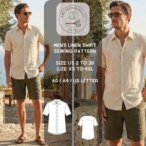 Puede incluir: Una camisa de lino beige claro con mangas cortas y pantalones cortos verde oliva. La imagen incluye un patrón de costura con el texto "MEN'S LINEN SHIRT SEWING PATTERN" y detalles de tallas. El modelo lleva gafas de sol y sandalias.