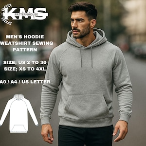 May include: A gray hoodie with a kangaroo pocket and a drawstring hood. The image includes text that reads "MEN'S HOODIE SWEATSHIRT SEWING PATTERN" and size information in US sizes 2 to 30 and XS to 4XL. A line drawing of the hoodie is also shown.