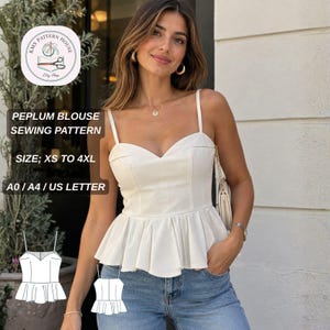 May include: A white peplum blouse with thin spaghetti straps and a sweetheart neckline. The text reads: KMS PATTERN HOUSE, PEPLUM BLOUSE SEWING PATTERN, SIZE: XS TO 4XL, A0 / A4 / US LETTER. Includes two technical line drawings of the blouse design.