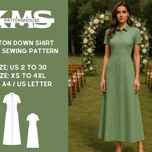 Linen Button Down A-Line Dress Sewing Pattern with Collar (PDF Pattern, XS-4XL)