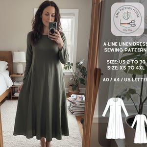 Schnittmuster für Leinenkleid in A-Linie, lange Ärmel Midikleid