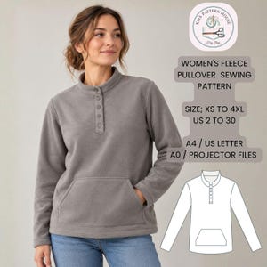 May include: A taupe fleece pullover featuring a mock neck with a four-button placket and a front kangaroo pocket. Text reads: KMS PATTERN HOUSE, WOMEN'S FLEECE PULLOVER SEWING PATTERN, SIZE; XS TO 4XL, US 2 TO 30, A4 / US LETTER, A0 / PROJECTOR FILES.