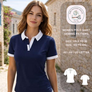 May include: A navy blue polo shirt with a white collar and sleeve trim. The shirt has a V-neck with a white accent. The image also includes text that says "WOMEN POLO SHIRT SEWING PATTERN" and size information.