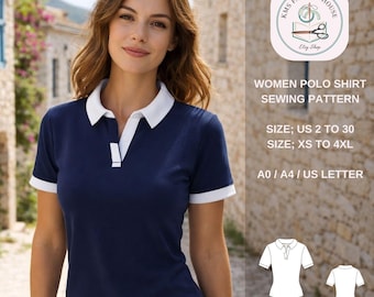 Women Slim Fit Polo Shirt Sewing Pattern, Classic Collared Top PDF (Sizes 2-30)