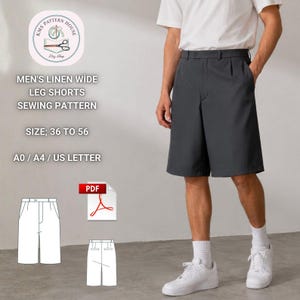 Puede incluir: Pantalones cortos de pierna ancha en gris oscuro con cintura, cierre de botón y pliegues frontales. Texto: KMS PATTERN HOUSE, LINEN WIDE LEG SHORTS SEWING PATTERN, SIZE 36 TO 56, A0 / A4 / US LETTER. Incluye icono PDF y dibujos técnicos.