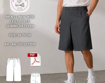 Könnte beinhalten: Dunkelgraue Shorts mit weitem Bein, Bund, Knopfverschluss und Vorderfalten. Text: KMS PATTERN HOUSE, LINEN WIDE LEG SHORTS SEWING PATTERN, SIZE 36 TO 56, A0 / A4 / US LETTER. Enthält ein PDF-Symbol und technische Strichzeichnungen der Shorts.