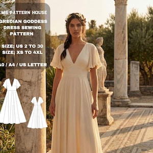 Patrón de costura para vestido de diosa griega, maxi con mangas de ángel (descarga digital)