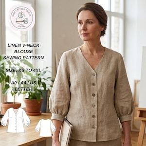 May include: A tan linen V-neck blouse with button closures and three-quarter sleeves. The image includes a sewing pattern with the text "LINEN V-NECK BLOUSE SEWING PATTERN" and size details. The pattern is from KMS PATTERN HOUSE Etsy Shop.