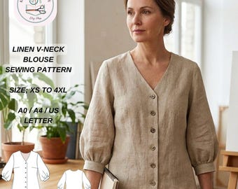 Linen V-Neck Blouse Sewing Pattern, Balloon Sleeve Victorian Style Top (Digital Download)