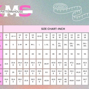 May include: A size chart in inches, with measurements for bust/chest, waist, and hips. The chart includes US, International, and European sizing, with sizes ranging from US 2 to US 30. The chart is on a pink background.