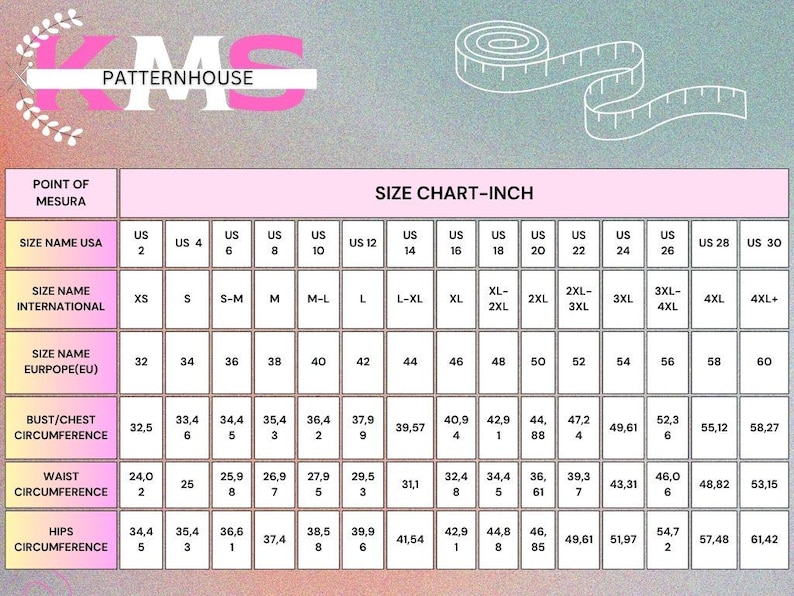 May include: A size chart in inches, with measurements for bust/chest, waist, and hips. The chart includes US, International, and European sizing, with sizes ranging from US 2 to US 30. The chart is on a pink background.