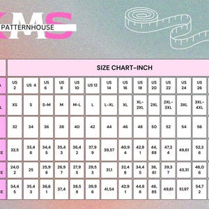May include: A size chart in inches, with measurements for bust/chest, waist, and hips. The chart includes US, International, and European sizing, with sizes ranging from US 2 to US 30. The chart is on a pink background.