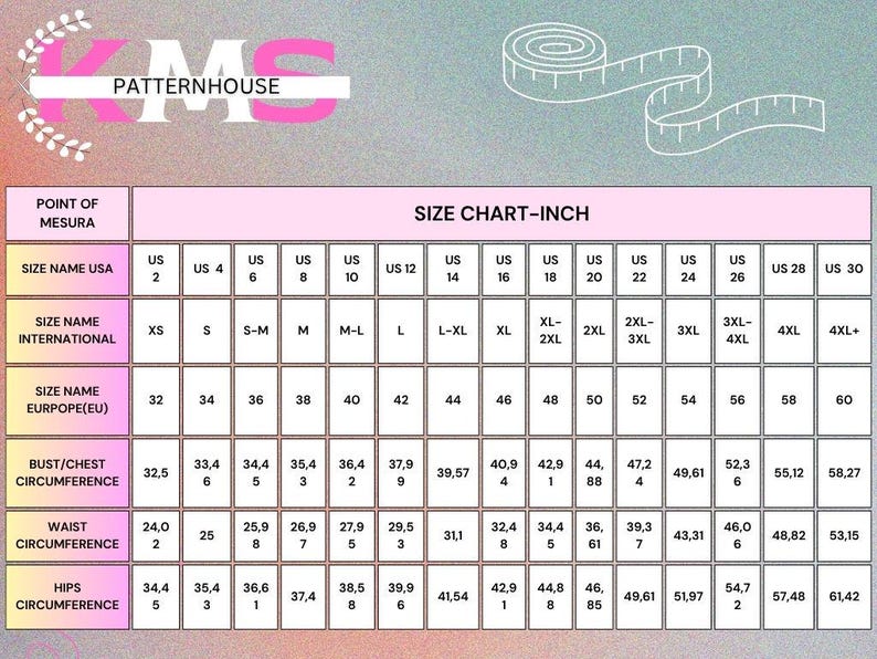 May include: A size chart in inches, with measurements for bust/chest, waist, and hips. The chart includes US, International, and European sizing, with sizes ranging from US 2 to US 30. The chart is on a pink background.
