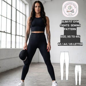 May include: A woman in a black crop top and leggings holds a black cap. The image includes a sewing pattern for slim-fit gym tights. Text on the image reads "SLIM FIT GYM TIGHTS SEWING PATTERN" and "SIZE; XS TO 4XL".