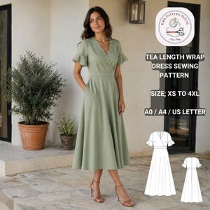 May include: A woman in a sage green tea-length wrap dress with a V-neck and flutter sleeves. The dress features a fitted waist and a flowing skirt. The image includes a sewing pattern with the text "TEA LENGTH WRAP DRESS SEWING PATTERN" and size details.