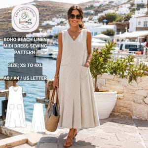 May include: A beige linen midi dress with a V-neck and two front pockets. The dress is sleeveless and worn by a person holding a woven tote bag. The image includes text that reads "BOHO BEACH LINEN MIDI DRESS SEWING PATTERN" and "SIZE; XS TO 4XL".