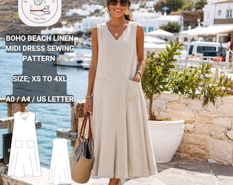 Boho Beach Linen Midi Dress Sewing Pattern | Loose Fit Sleeveless A-Line (Digital Download)