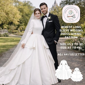 May include: A couple poses outdoors, the woman in a white long-sleeve wedding dress with a layered skirt and veil. The man wears a black tuxedo. The image includes text: "MODEST LONG SLEEVE WEDDING DRESS SEWING PATTERN" and sizing information.
