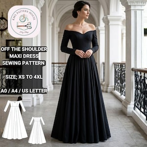 Può includere: Un abito lungo nero con spalle scoperte e maniche lunghe. L'immagine è di un modello di cucito per l'abito, disponibile nelle taglie XS a 4XL. Il modello è disponibile nei formati A0, A4 e US Letter. L'immagine mostra anche un logo con testo.