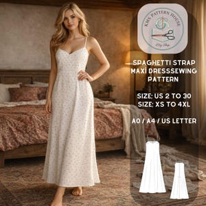 Puede incluir: Un vestido largo blanco con tirantes finos y un sutil estampado de lunares. El vestido tiene un escote en V y una silueta fluida. La imagen también incluye un patrón de costura con el texto "SPAGHETTI STRAP MAXI DRESSSEWING PATTERN" e información de tallas.