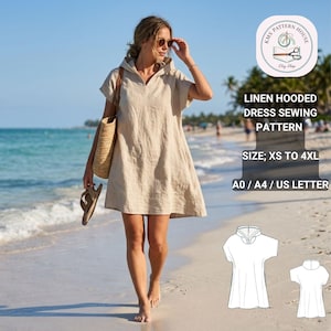 Può includere: Una donna indossa un abito con cappuccio in lino beige sulla spiaggia. L'abito ha maniche corte e scollo a V. L'immagine include il testo "LINEN HOODED DRESS SEWING PATTERN" e "SIZE; XS TO 4XL".