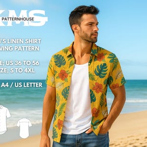 Men&#39;s Linen Shirt Sewing Pattern, Men&#39;s Summer Shirt, Casual Shirt for Men, Men&#39;s Sport Shirt, Men Size 35 to 56, XS to 4XL