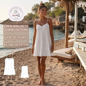 May include: A white linen mini dress with thin spaghetti straps and a V-neckline. The image includes text reading LINEN MINI DRESS SEWING PATTERN, SIZE; XS TO 4XL, A0 / A4 / US LETTER, and a logo for KMS PATTERN HOUSE, plus two line art sketches.