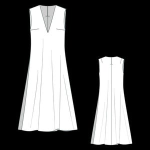 May include: Line drawing of a sleeveless dress with a V-neck and a flared skirt. The dress is shown from the front and back views. The design features a simple, elegant silhouette suitable for sewing patterns or fashion design.