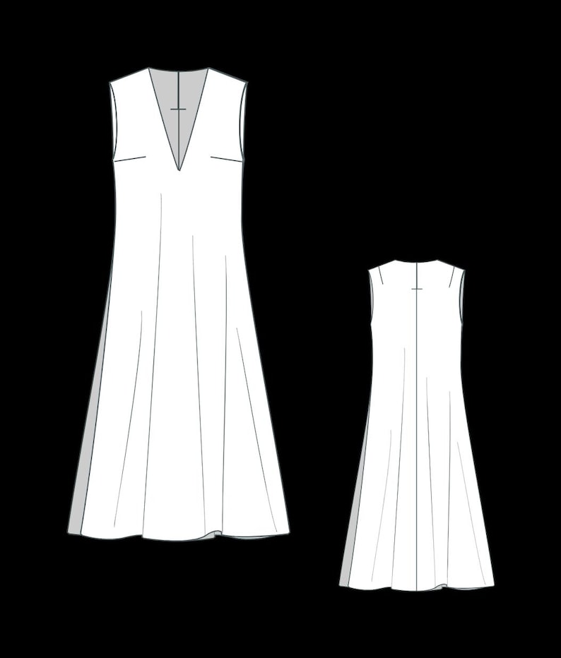 May include: Line drawing of a sleeveless dress with a V-neck and a flared skirt. The dress is shown from the front and back views. The design features a simple, elegant silhouette suitable for sewing patterns or fashion design.