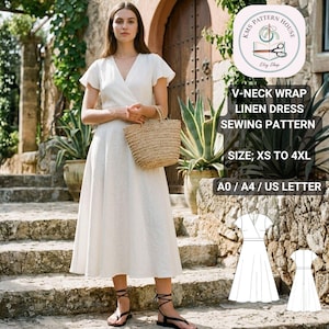 May include: A woman wearing a white V-neck wrap linen dress, holding a woven handbag. The dress has short sleeves and a midi length. The image includes a sewing pattern graphic with the text "V-NECK WRAP LINEN DRESS SEWING PATTERN SIZE; XS TO 4XL A0 / A4 / US LETTER."