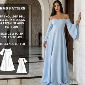 May include: A pale blue off-the-shoulder maxi dress with bell sleeves. The dress has a flowing skirt and is modelled by a person. The image includes a pattern description with the text "KMS PATTERN" and size information.