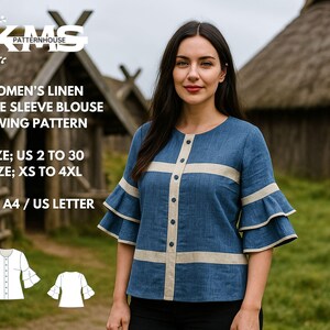 May include: A denim-colored linen blouse with ruffle sleeves and a beige cross design. The sewing pattern includes sizes US 2 to 30 and XS to 4XL. The image also shows a woman wearing the blouse.