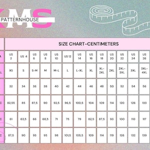 May include: A size chart in centimeters with measurements for bust/chest, waist, and hips. The chart includes US, international, and European sizes, ranging from US size 2 to 30. The KMS Patternhouse logo is at the top.