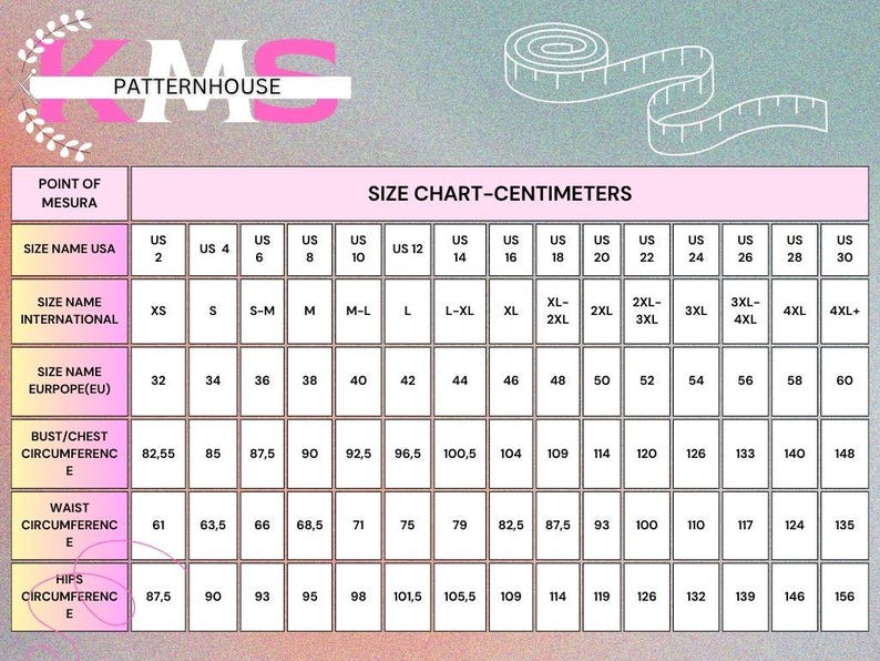May include: A size chart in centimeters with measurements for bust/chest, waist, and hips. The chart includes US, international, and European sizes, ranging from US size 2 to 30. The KMS Patternhouse logo is at the top.