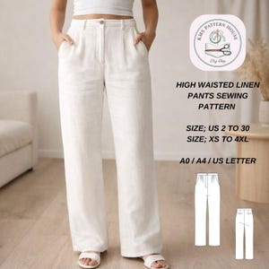 High Waisted Linen Pants Sewing Pattern, Pleated Trousers (Digital Download)