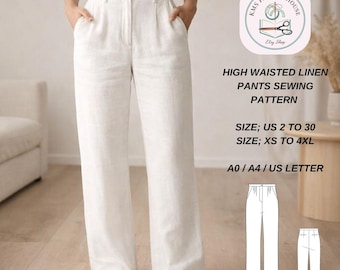 High Waisted Linen Pants Sewing Pattern, Pleated Trousers (Digital Download)