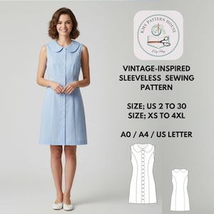 May include: A pale blue sleeveless dress with a Peter Pan collar and button-down front. The dress is knee-length and is part of a sewing pattern. The image includes the text "VINTAGE-INSPIRED SLEEVELESS SEWING PATTERN".