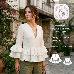 Puede incluir: Una mujer viste una blusa peplum de lino color crema con cuello en V y mangas con volantes. La imagen promociona un patrón de costura, con tallas de XS a 4XL. El texto incluye "KMS PATTERN HOUSE" y "Etsy Shop".