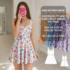 May include: A floral print sleeveless fit and flare dress is displayed. The dress features a white base with pink, yellow, and blue flowers. The image includes text: "KMS PATTERN HOUSE SLEEVELESS FIT AND FLARE DRESS SEWING PATTERN SIZE: US 2 TO 30 SIZE: XS TO 4XL A0 / A4 / US LETTER."