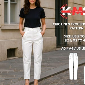 May include: A person wearing a black t-shirt and white linen trousers. The image includes text that reads "CHIC LINEN TROUSERS SEWING PATTERN" and size details in US sizes. The pattern is available in sizes US 2 to 30 and XS to 4XL.