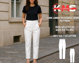 Chic Linen Trousers Sewing Pattern – High-Waisted, Summer Style, Tapered Leg,  slim straight leg, XS-4XL