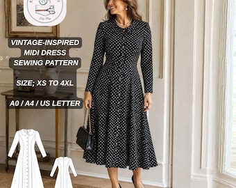 Vintage-Inspired Midi Dress Sewing Pattern | Peter Pan Collar, Button Front (PDF Download)