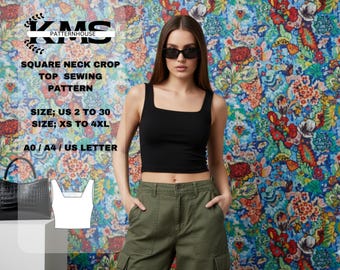 May include: A woman wearing a black square neck crop top and olive green cargo pants. The background features a floral pattern. Text on the left reads "SQUARE NECK CROP TOP SEWING PATTERN" and size details.
