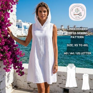 Könnte beinhalten: Ein Schnittmuster für ein Kapuzenkleid aus weißem Leinen. Das ärmellose Kleid hat eine Kapuze mit dekorativem Ausschnitt. Das Bild enthält den Text "LINEN HOODED DRESS SEWING PATTERN" und "SIZE: XS TO 4XL".